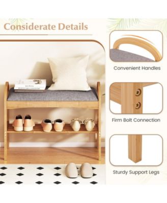 GOUUN 2-Tier Bamboo Shoe Bench with Padded Cushion and Slatted Shelf