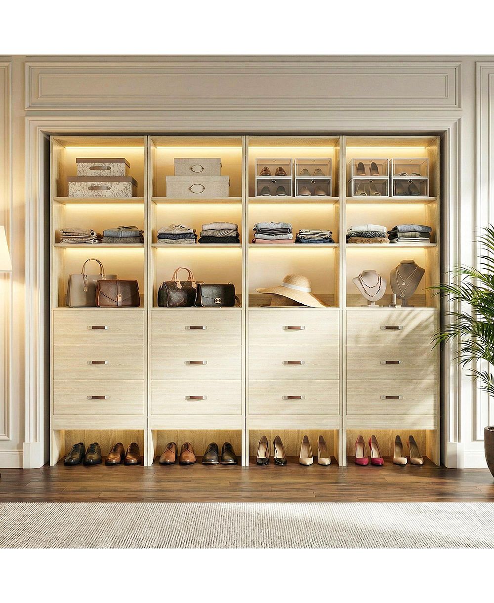 Aheaplus Wooden Set of 4 Closet Organizer System with 3 Drawers and Hanging Rods