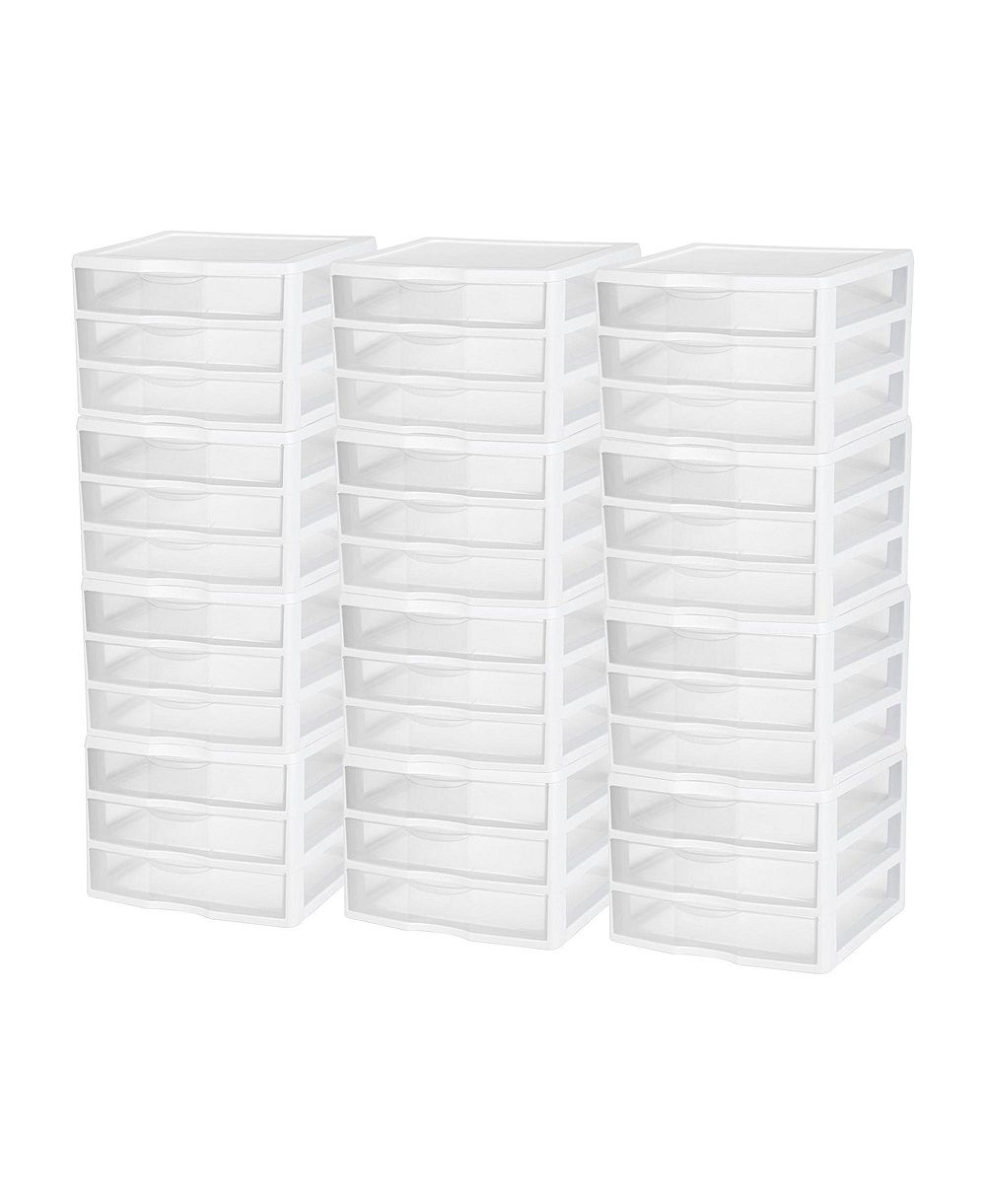 Sterilite Clear Plastic Stackable Small 3 Drawer Storage System, White, (12 Pack)