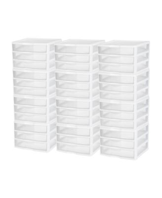 Sterilite Clear Plastic Stackable Small 3 Drawer Storage System, White, (12 Pack)