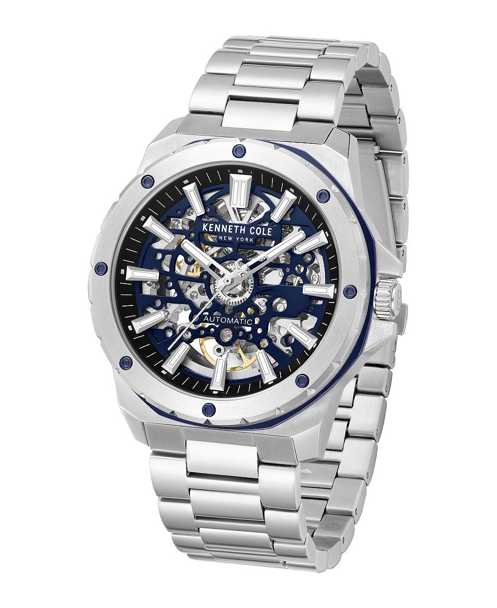 Kenneth Cole New York Men's Automatic Hollis Skeleton Dial Silver-Tone Stainless Steel Bracelet Watch 45mm