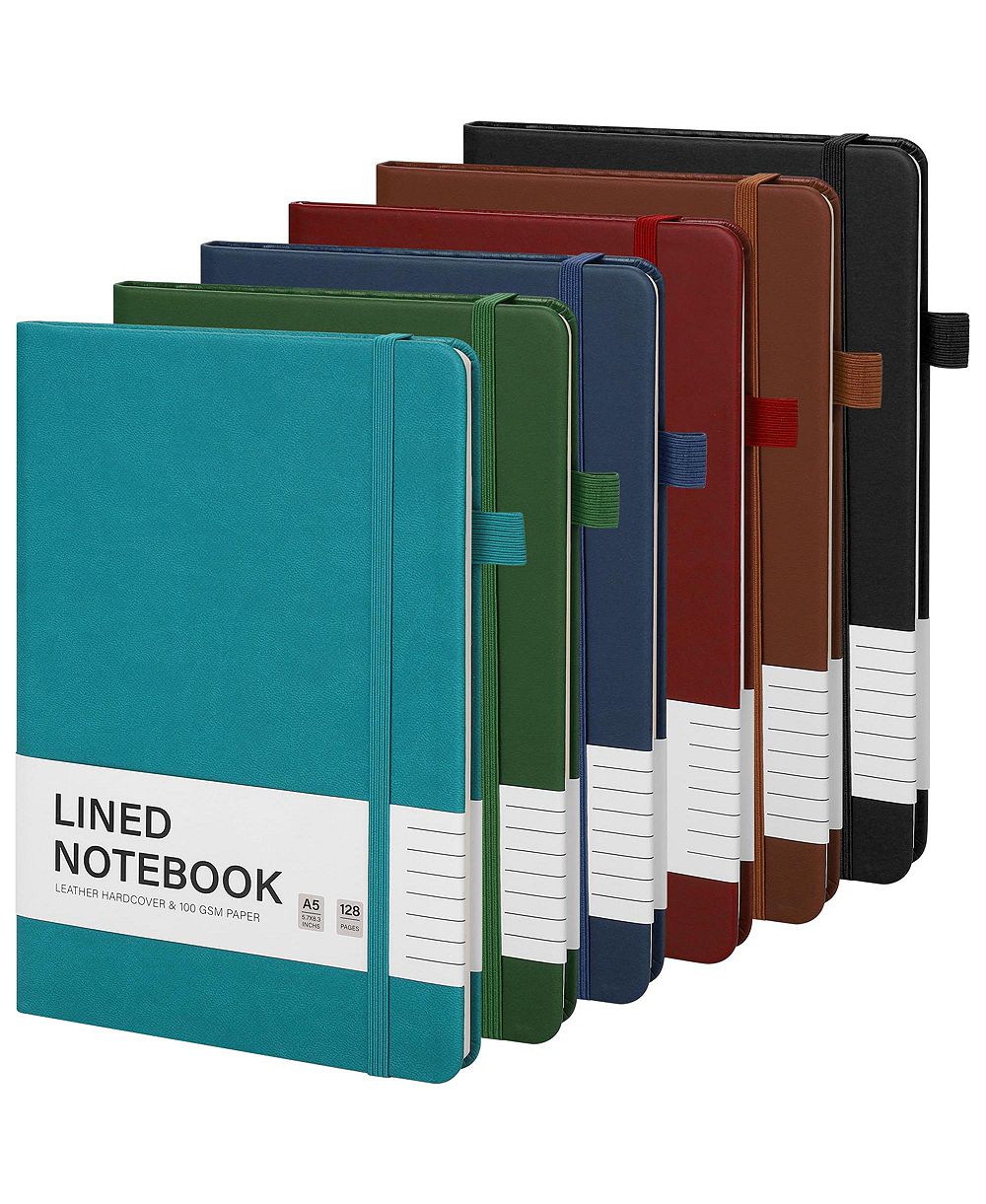 DANRONG 6 Pack A5 Lined Hardcover Journals PU Leather Notebook with Pen Holder Elastic Band