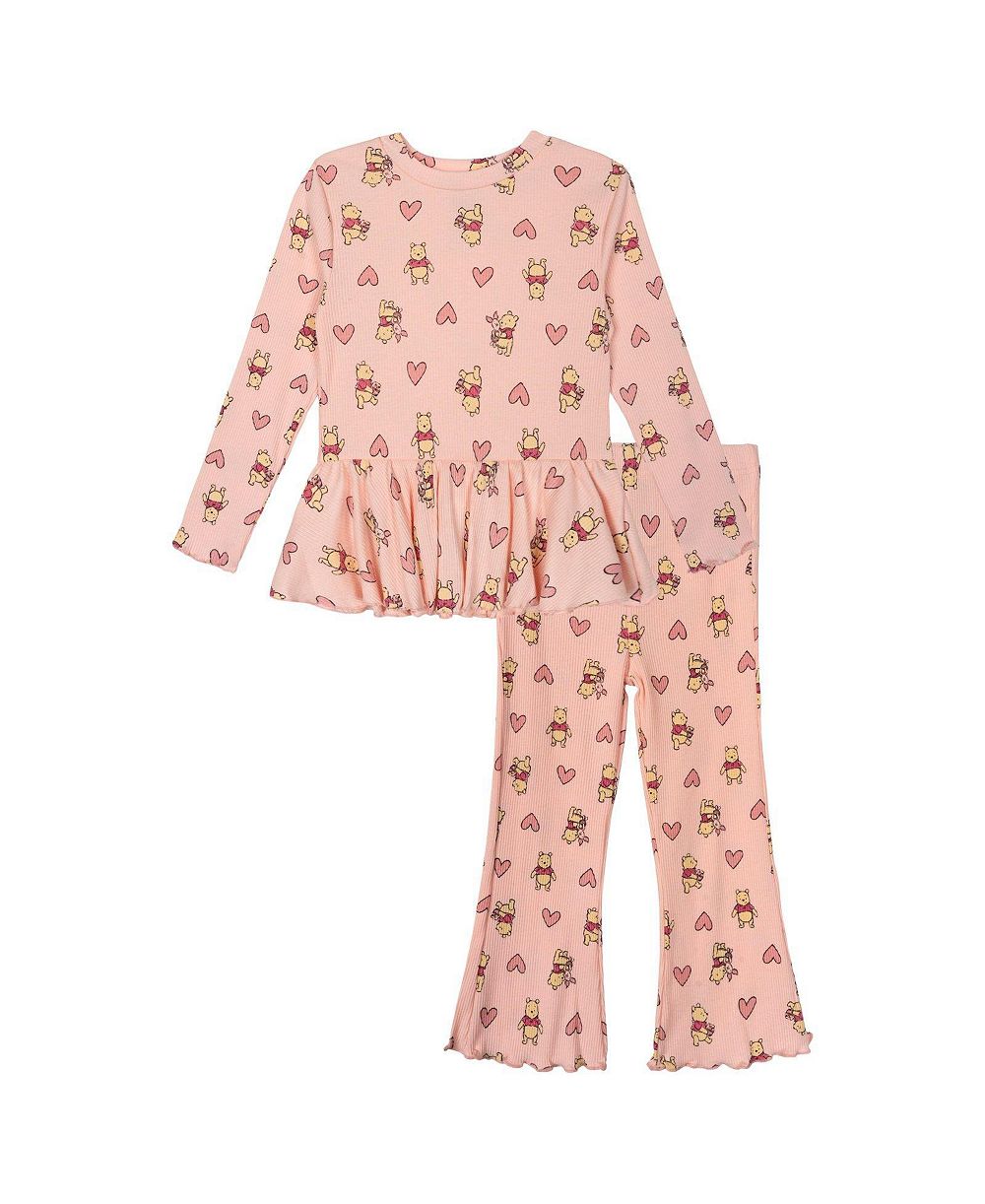 Winnie the Pooh комплект из двух предметов для девочек-малышек 2T-5T: топ с длинным рукавом и расклешенными штанинами и брюки из рибаны