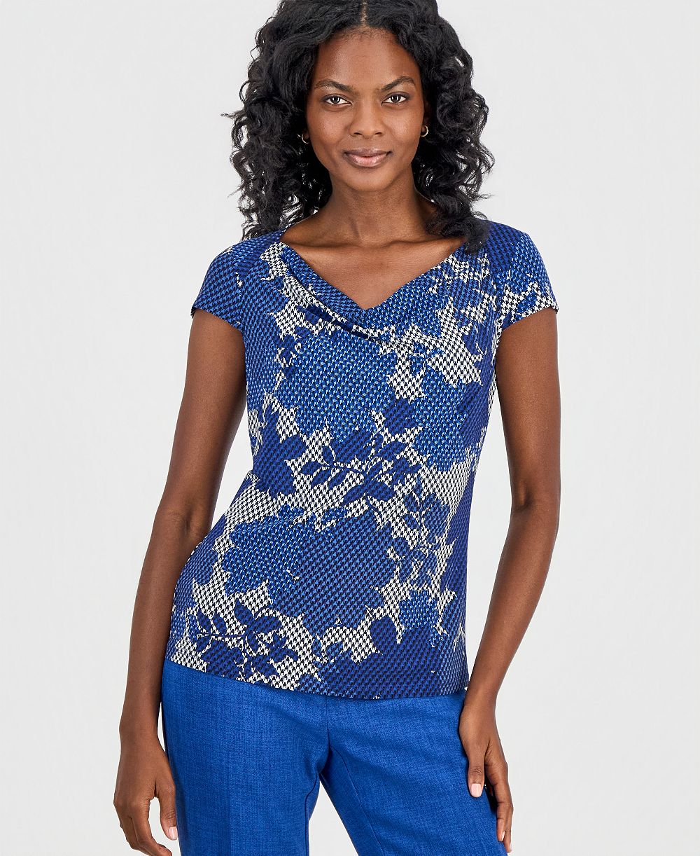 Kasper Petite Printed Cowl-Neck Cap-Sleeve Top