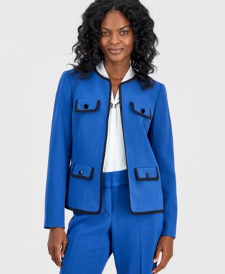 Kasper Petite Collarless Contrast-Piping Jacket