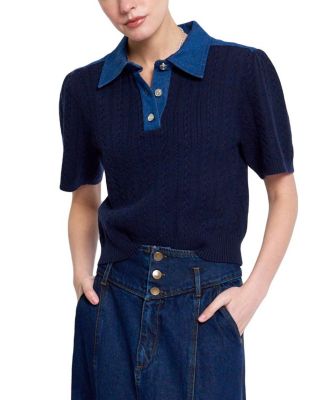 Central Park West Women's Nash Cable-Knit Puff-Sleeve Denim-Collar Polo Shirt