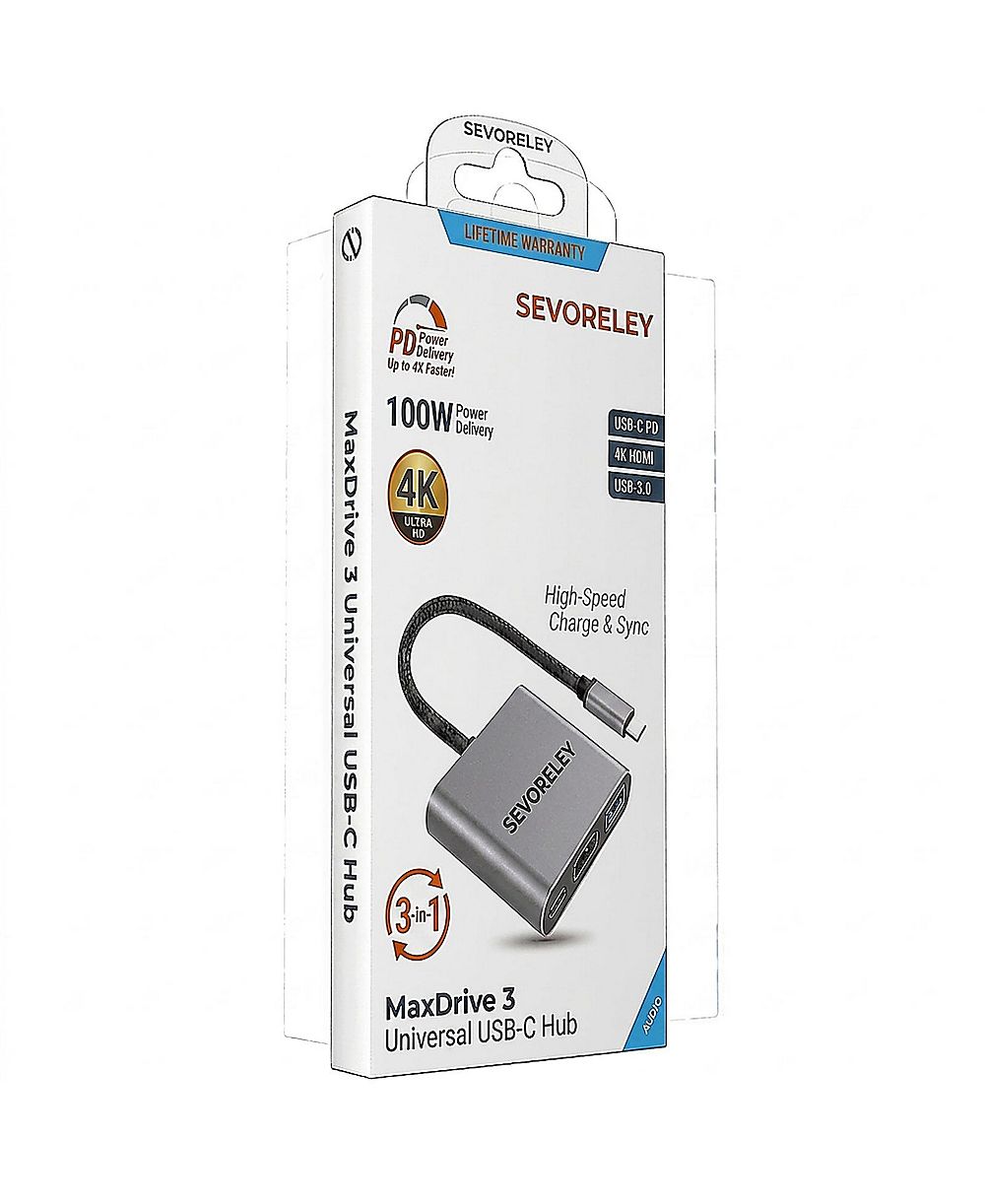 SEVORLEY MaxDrive 3 3-in-1 4K HDMI 100W Power Delivery USB-C Hub for USB-C Devices