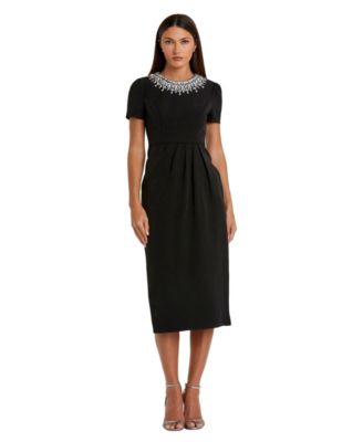 Mac Duggal Petite Rhinestone-Embellished Midi High-Neckline Dress