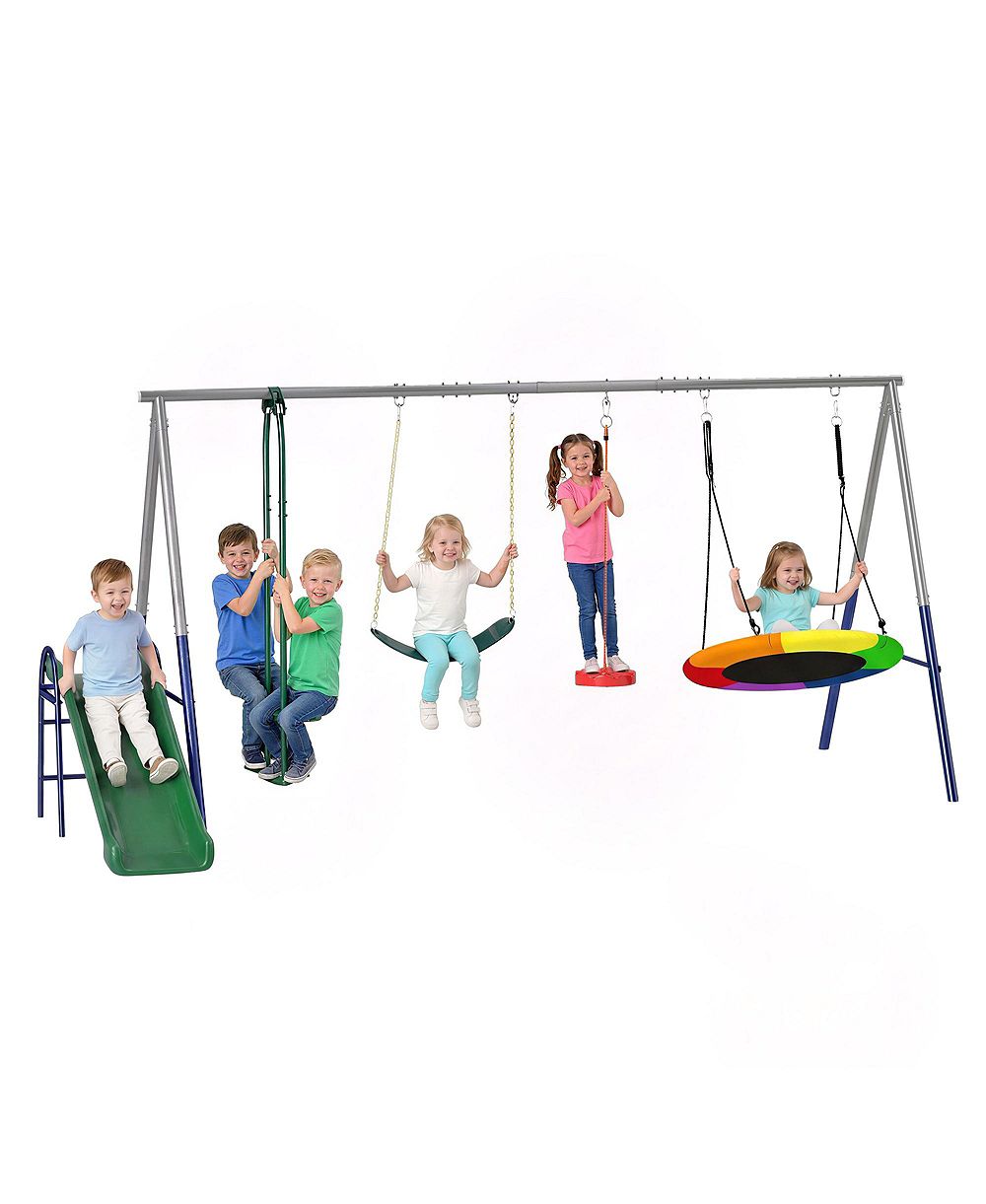Glintex детский игровой комплекс 5-в-1 с горкой, гнездом, ремнем, качелями-каруселью и стоячими качелями, стальная А-образная рама, грузоподъемность 771 фунт, возраст 3–8