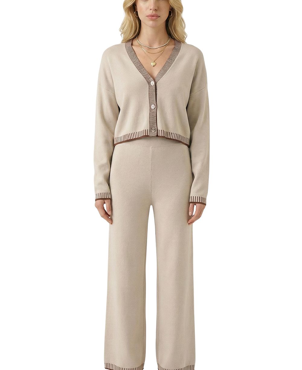 Modenaire Women's Knit Contrast-Trim V-Neck Cropped Cardigan and Wide-Leg Pants, 2-Piece Set
