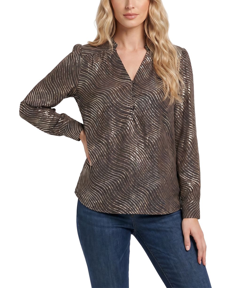 NY Collection Women's Metallic-Print Ruched-Shoulder V-Neck Long-Sleeve Blouse
