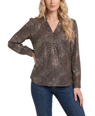 NY Collection Women's Metallic-Print Ruched-Shoulder V-Neck Long-Sleeve Blouse