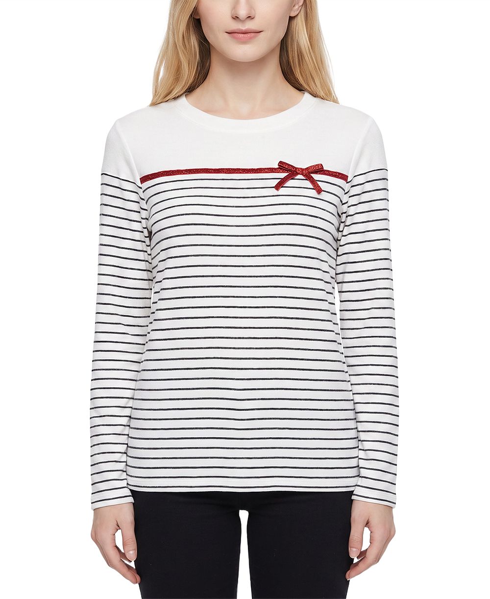 NY Collection Women's Long-Sleeve Metallic-Ribbon Bow T-Shirt
