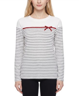 NY Collection Women's Long-Sleeve Metallic-Ribbon Bow T-Shirt