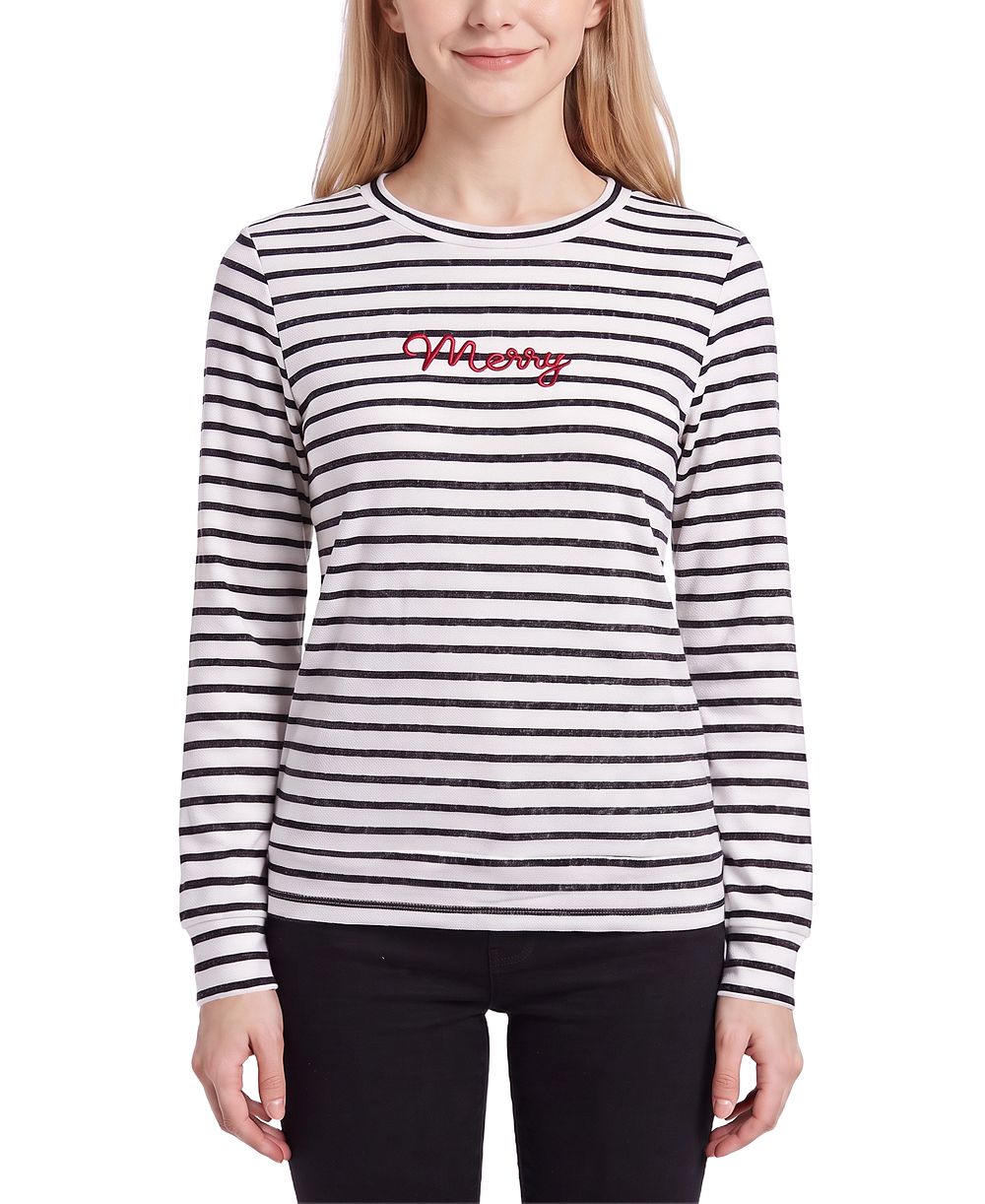 NY Collection Women's Long-Sleeve Crewneck Embroidered T-Shirt