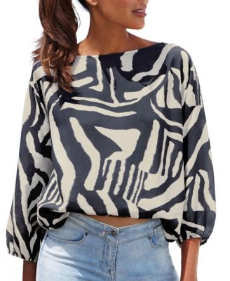 LASCANA Women's Abstract-Print Boat-Neck Balloon-Sleeve Blouse