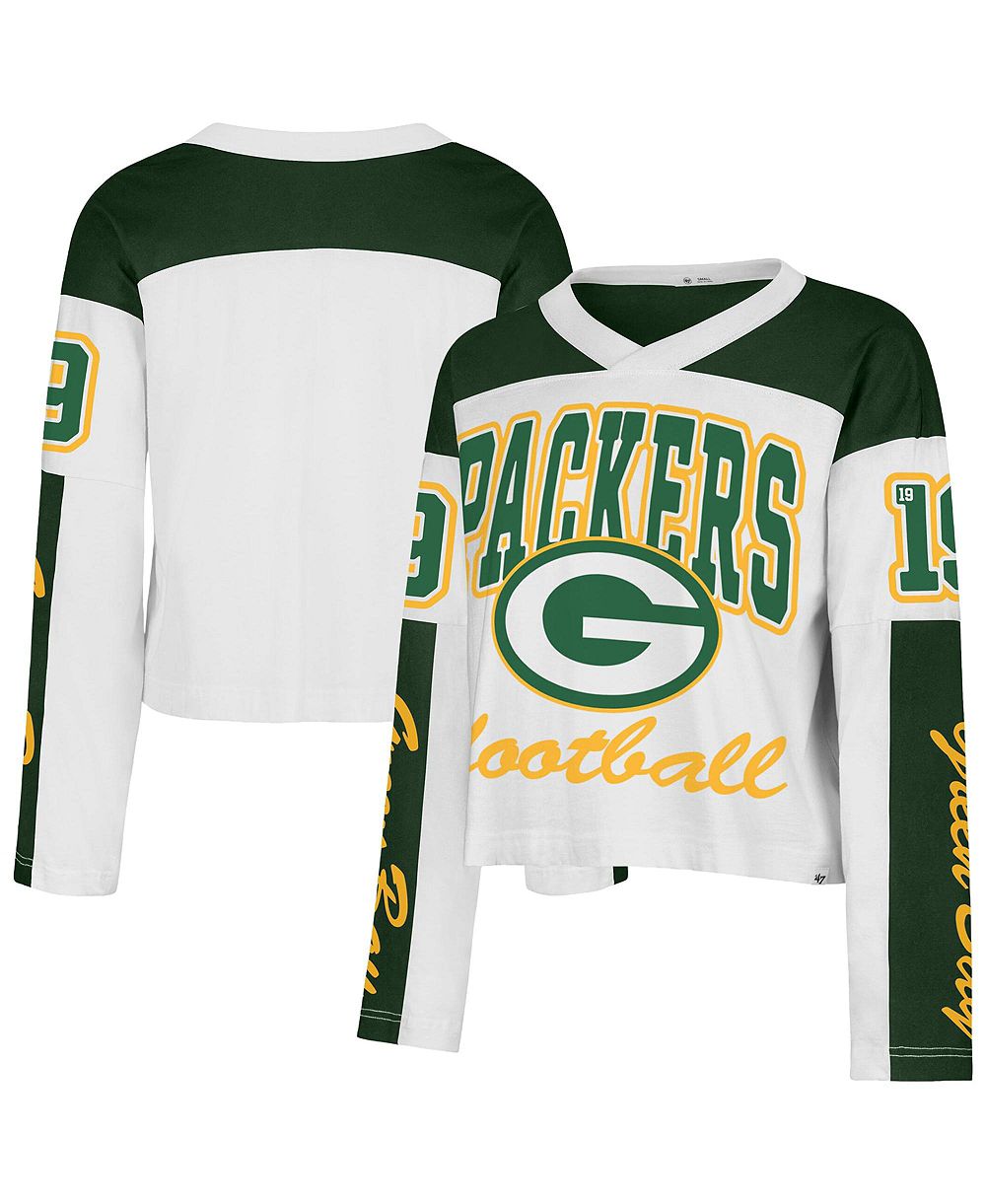 женская футболка '47 с длинным рукавом, белая, Green Bay Packers, Exclamation Metro, V-образный вырез, джерси