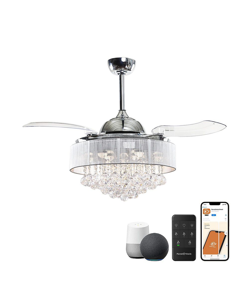 Parrot Uncle 42 Glam Crystal Chandelier Smart Ceiling Fan with Light and Remote, App Control, Voice Control