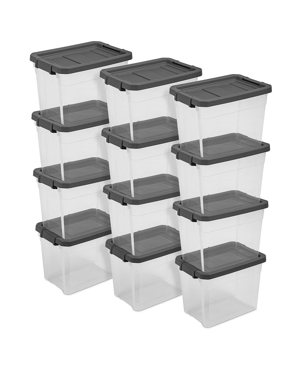 Sterilite 30 Qt Clear Plastic Stackable Storage Bin w/ Grey Latch Lid, 12 Pack