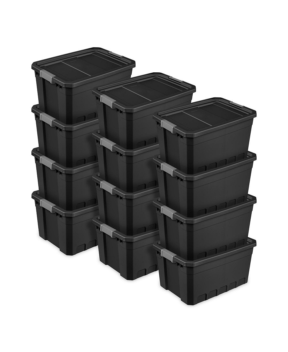 Sterilite 19 Gal Rugged Industrial Stackable Storage Tote w/ Lid, Black, 12 Pack