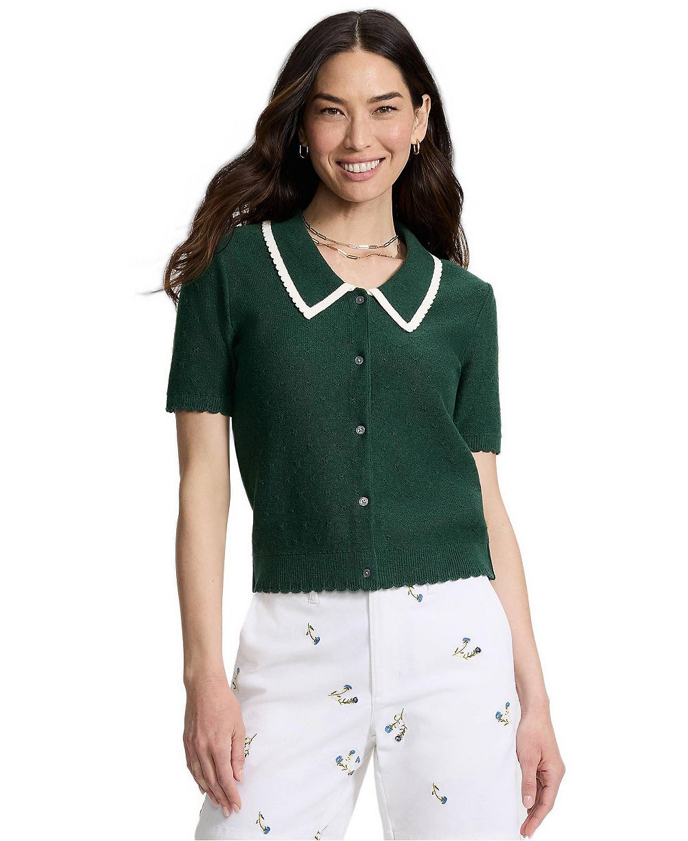 Lands' End Women's Drifter Collared V-Neck Short-Sleeve Scalloped Cardigan