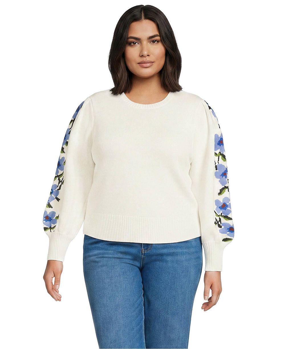 Lands' End Plus Size Drifter Puff Sleeve Jacquard Crewneck Sweater