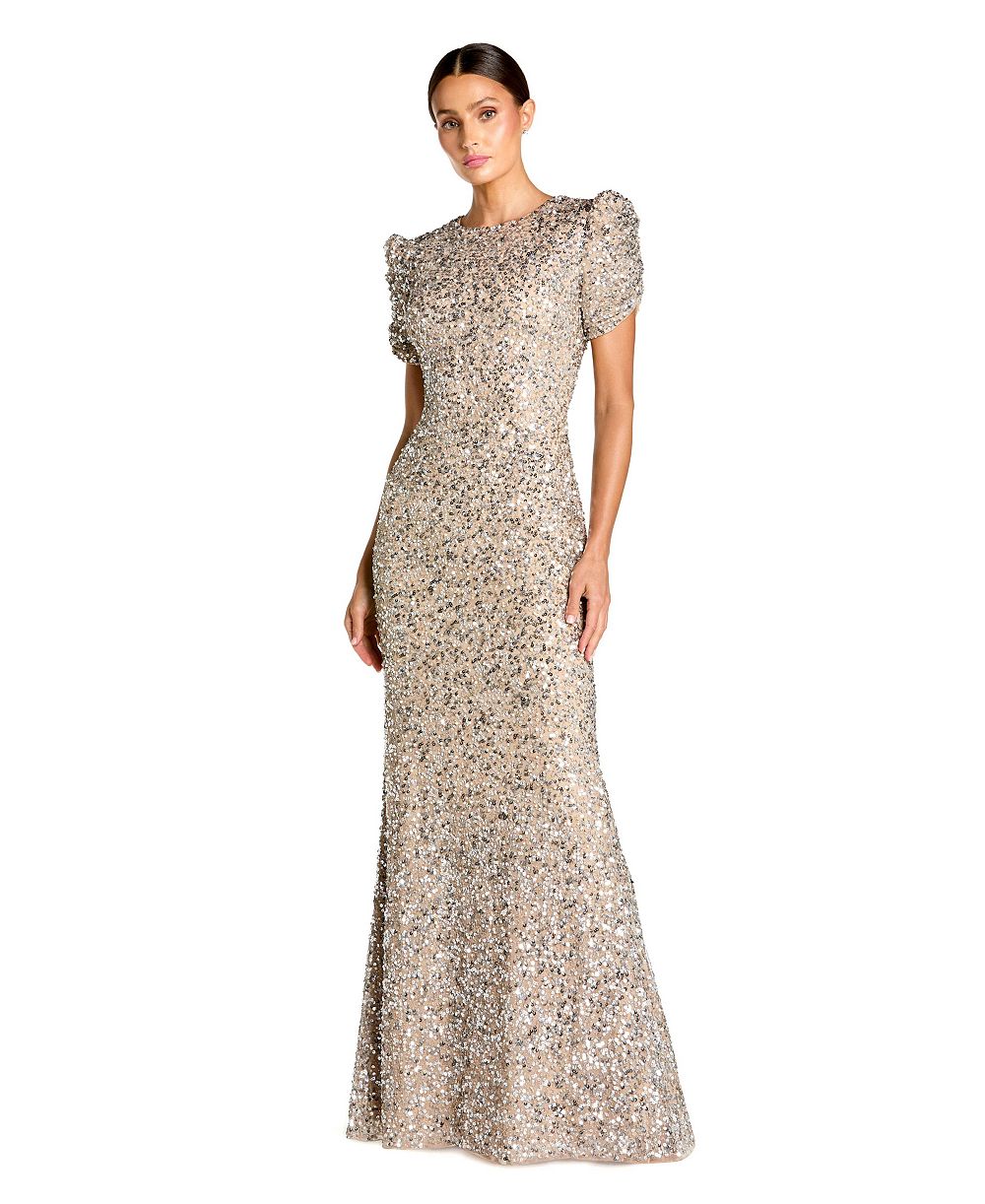 Mac Duggal Women's High-Neck Short-Sleeve Sequin Gown