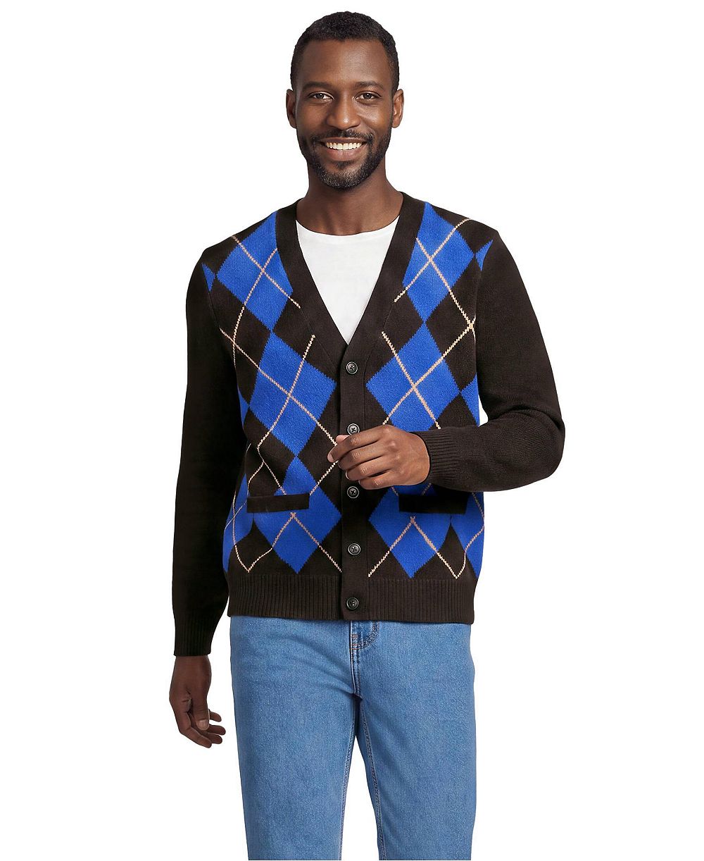 Lands' End Men's Long Sleeve Fuzzy Argyle Cardigan Sweater