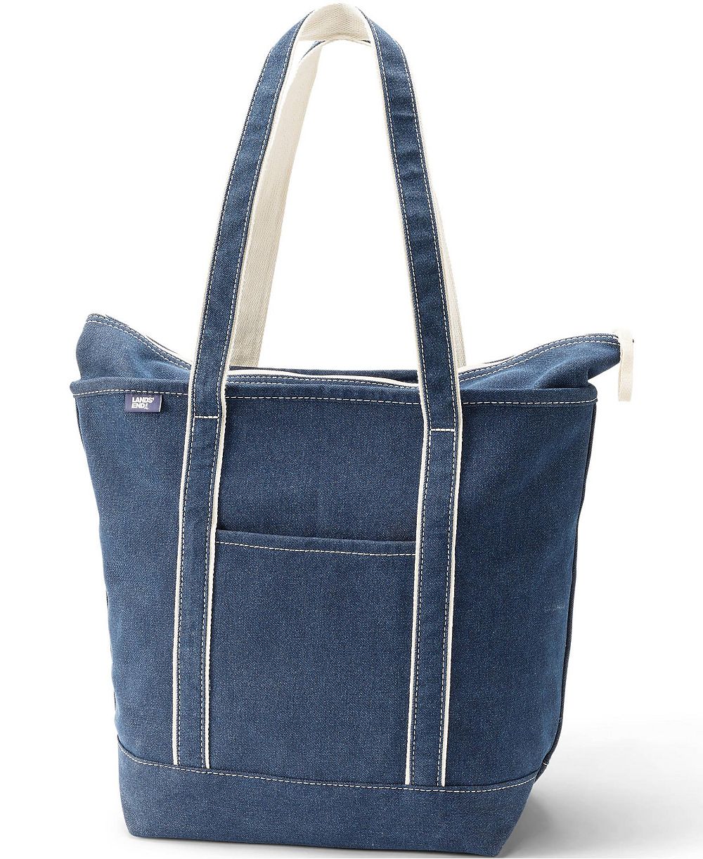 Lands' End Large Denim Long Handle Zip Top Tote Bag