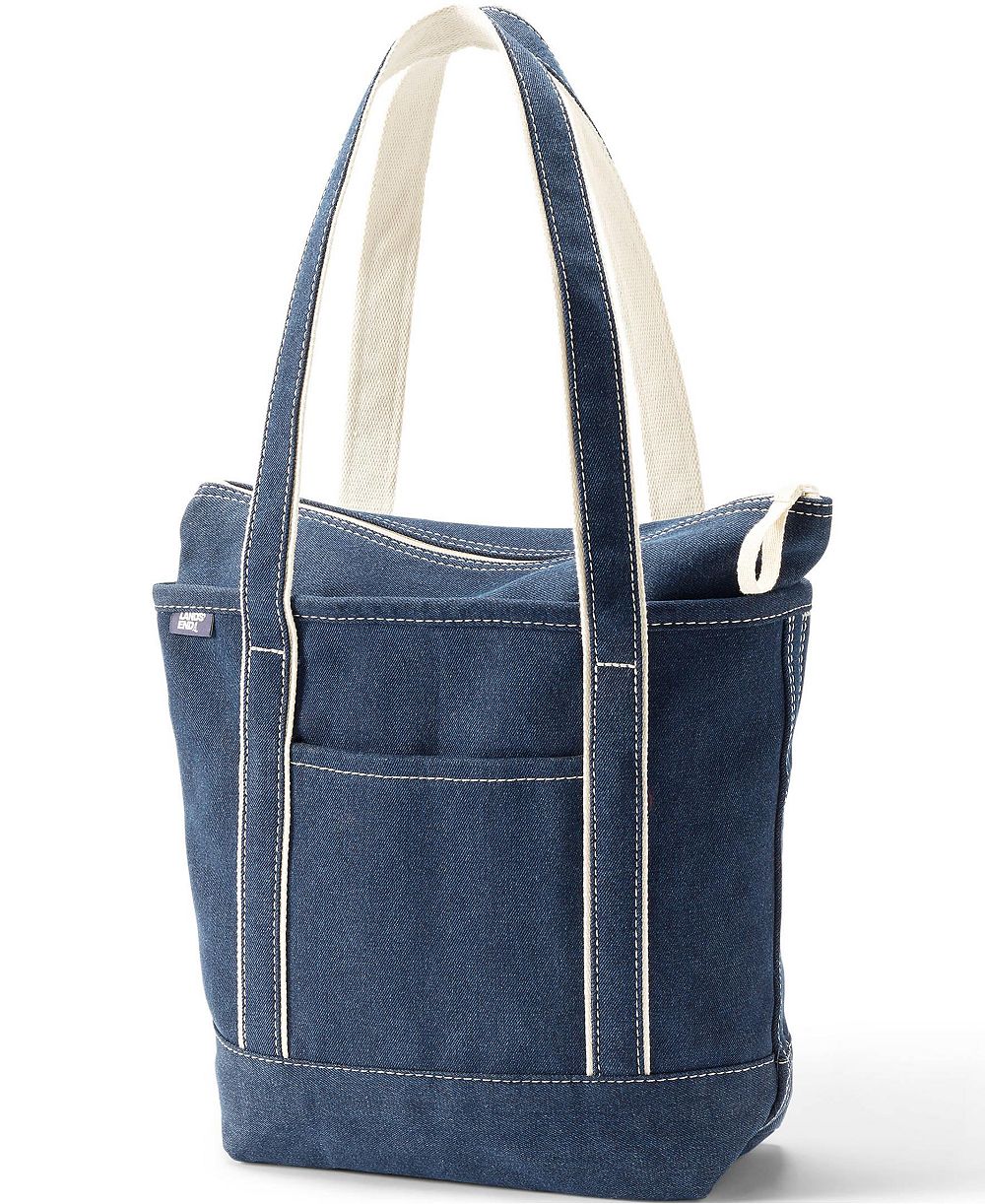 Lands' End Medium Denim Long Handle Zip Top Tote Bag