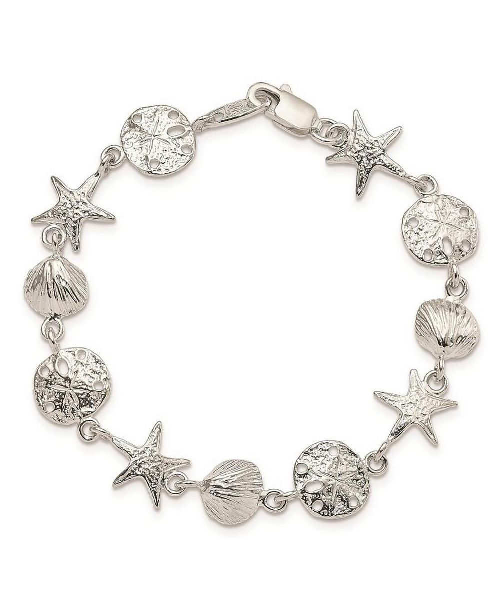 Curata Jewelry Solid Sterling Silver Seashells, Starfish & Sand Dollar Bracelet