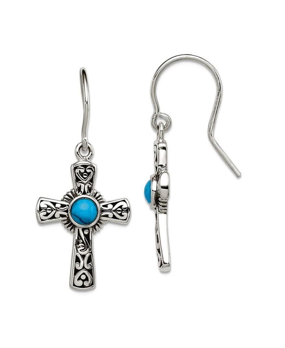 Curata Jewelry 925 Sterling Silver Antiqued Simulated Turquoise Cross Hook Dangle Earrings 33x16mm