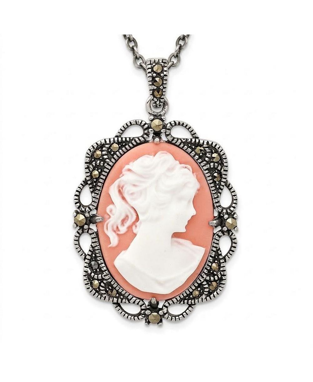 925 Sterling Silver 18" Antiqued Pink Cameo Marcasite Cameo Necklace