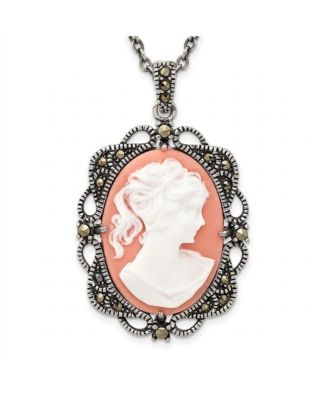 925 Sterling Silver 18" Antiqued Pink Cameo Marcasite Cameo Necklace
