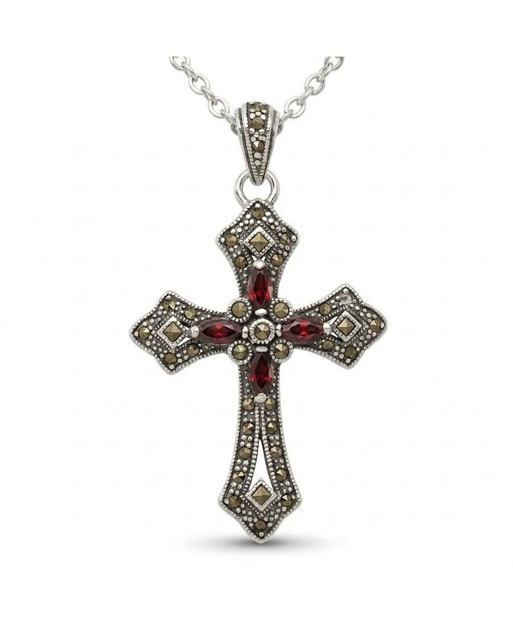925 Sterling Silver 18" Large Antiqued Red Cubic Zirconia Marcasite Cross Necklace