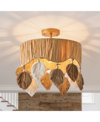 Parrot Uncle 15.7" 4-Light Bohemian Antique Handwoven Raffia Ceiling Light with Leaf-Shaped Cotton Cord Hanging Ornament