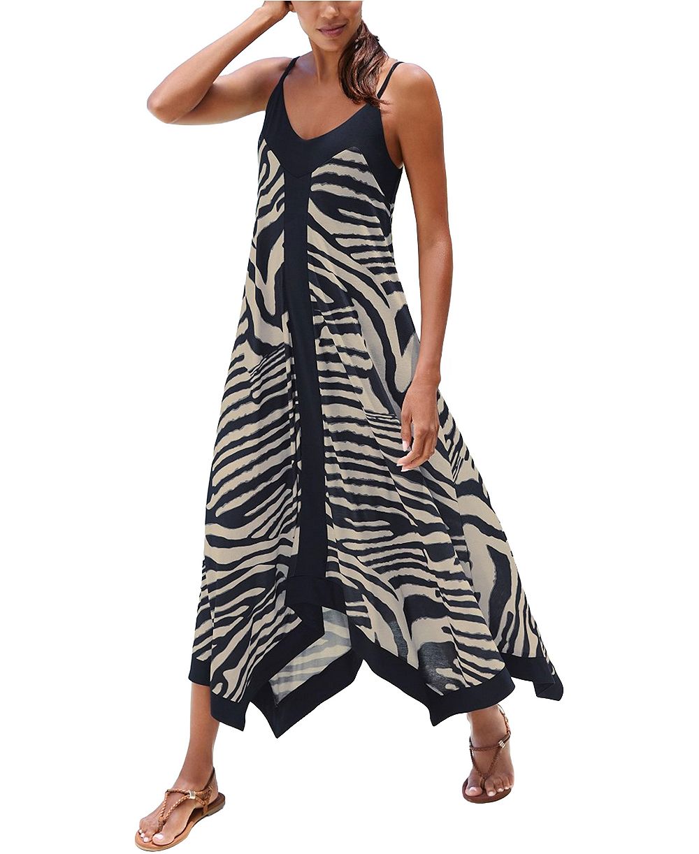 LASCANA Women's Color-Block Deep V-Neckline Animal-Print Midi Dress