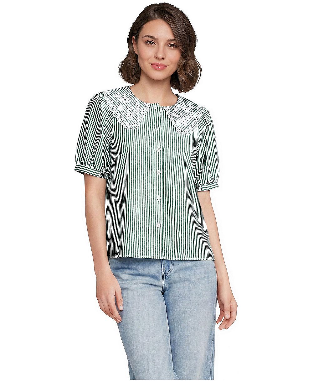 Lands' End Women's Poplin Puff Sleeve Ruffle Collar Blouse