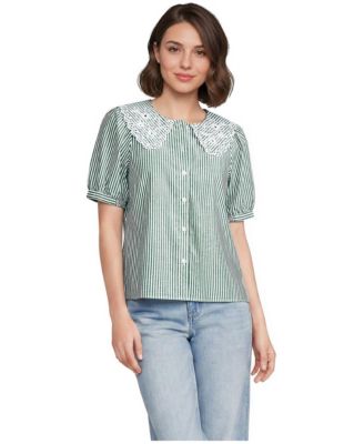 Lands' End Women's Poplin Puff Sleeve Ruffle Collar Blouse
