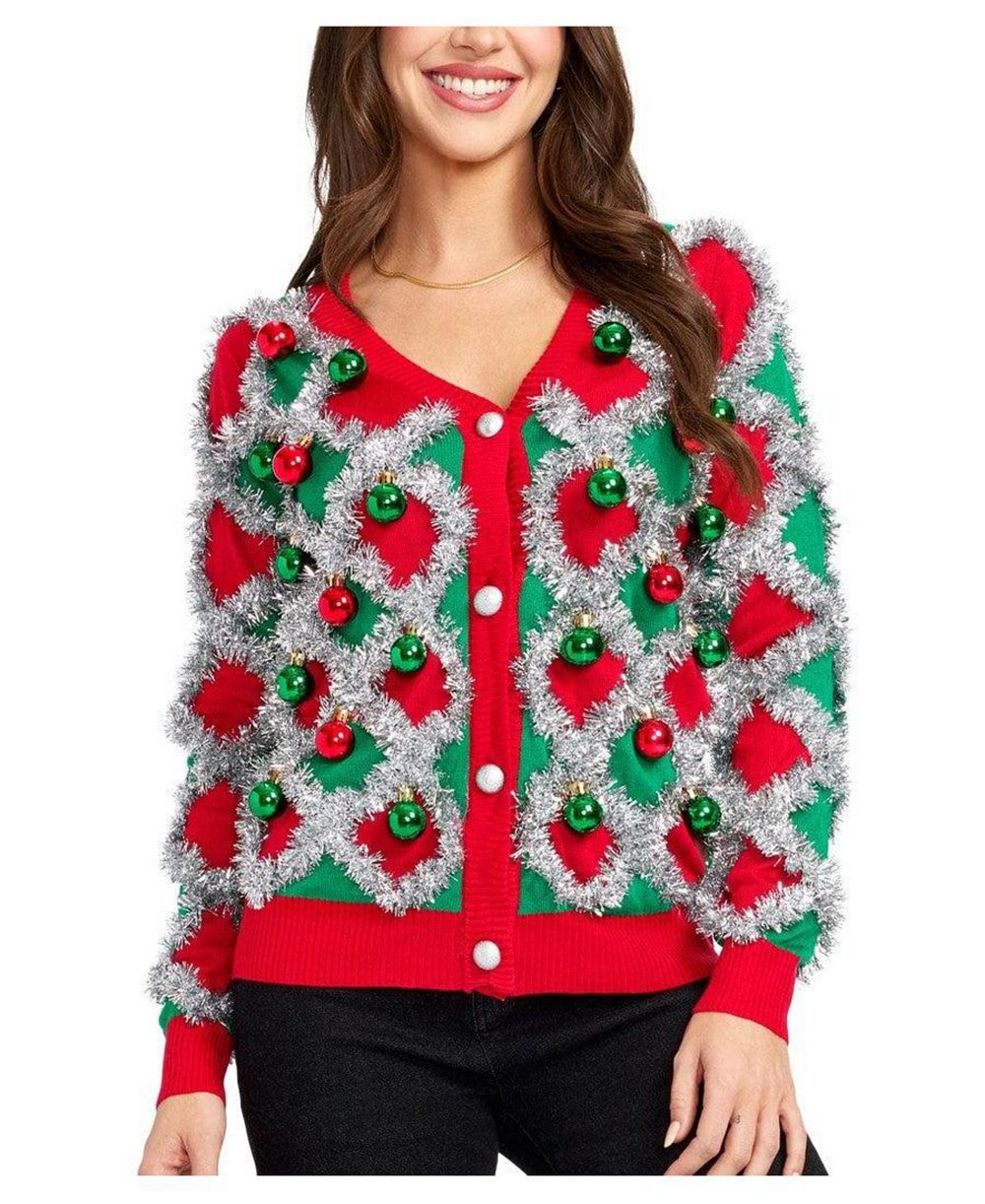 Tipsy Elves Women's Tacky Tinsel Holiday V-Neck Button-Front Cardigan