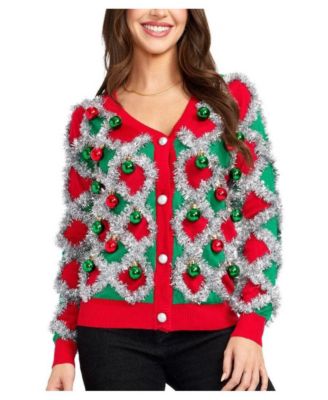 Tipsy Elves Женский кардиган с V-образным вырезом и пуговицами спереди, праздничный дизайн «Tacky Tinsel»