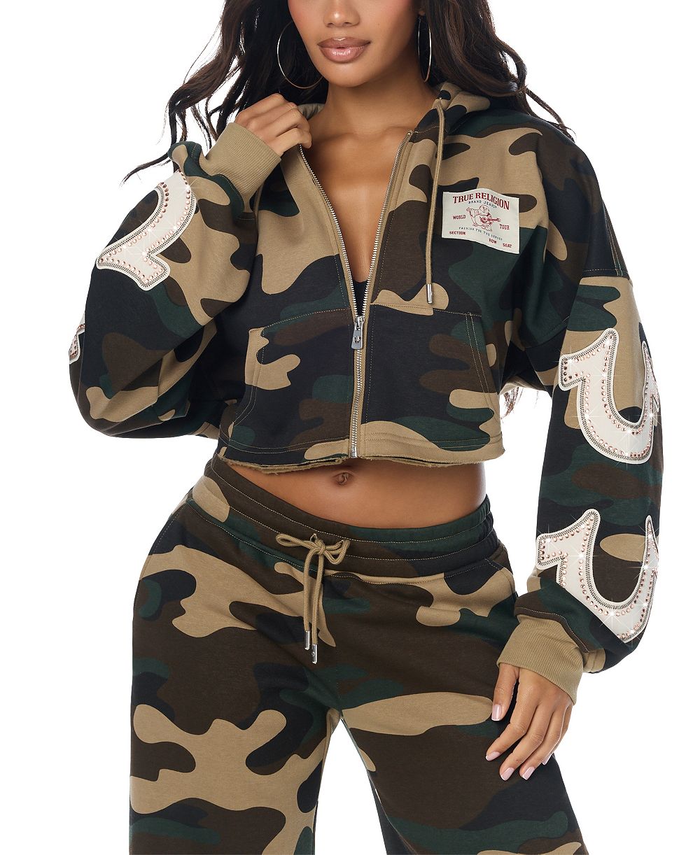 Женский укороченный худи с капюшоном True Religion Camo Velour Shrunken Full-Zip