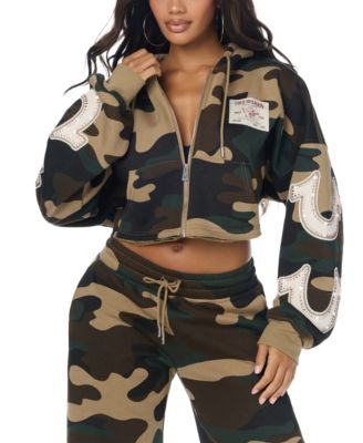 True Religion Women's Camo Velour Shrunken Full-Zip Cropped Hoodie