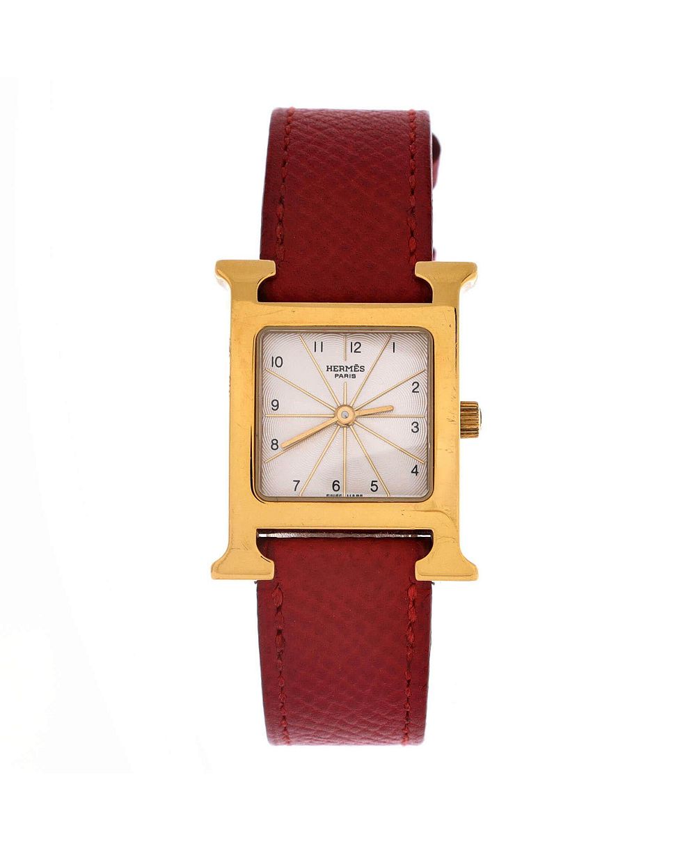 Pre-Owned Hermes Heure H Quartz Watch in Plated Metal and Leather 21mm