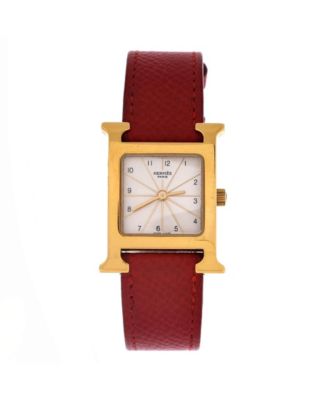 Pre-Owned Hermes Heure H Quartz Watch in Plated Metal and Leather 21mm