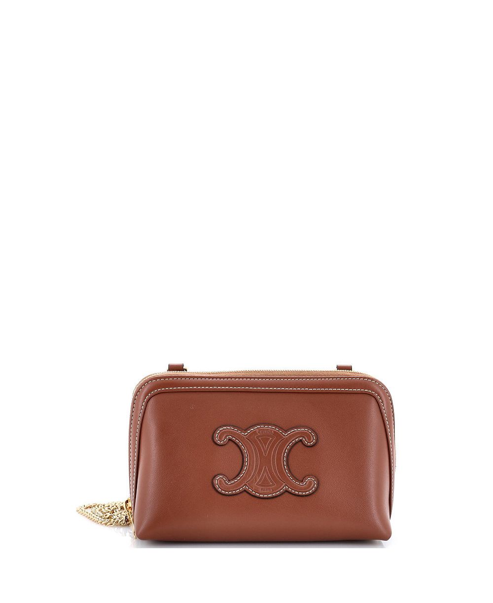 Pre-Owned Celine Cuir Triomphe Zip Around Chain Clutch Leather