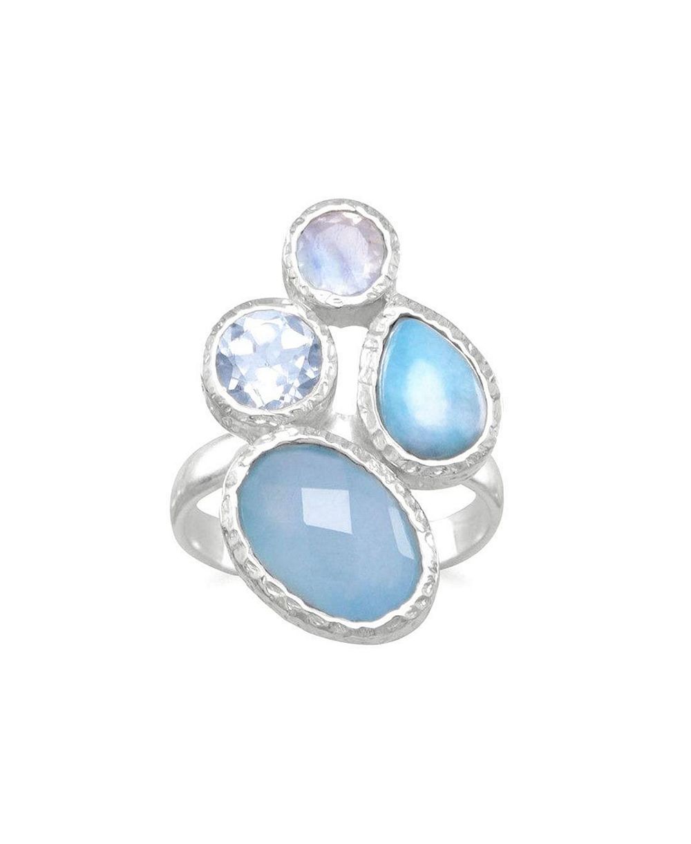 Curata Jewelry 925 Sterling Chalcedony, Larimar, Topaz and Moonstone Cluster Ring Sizes 6-9