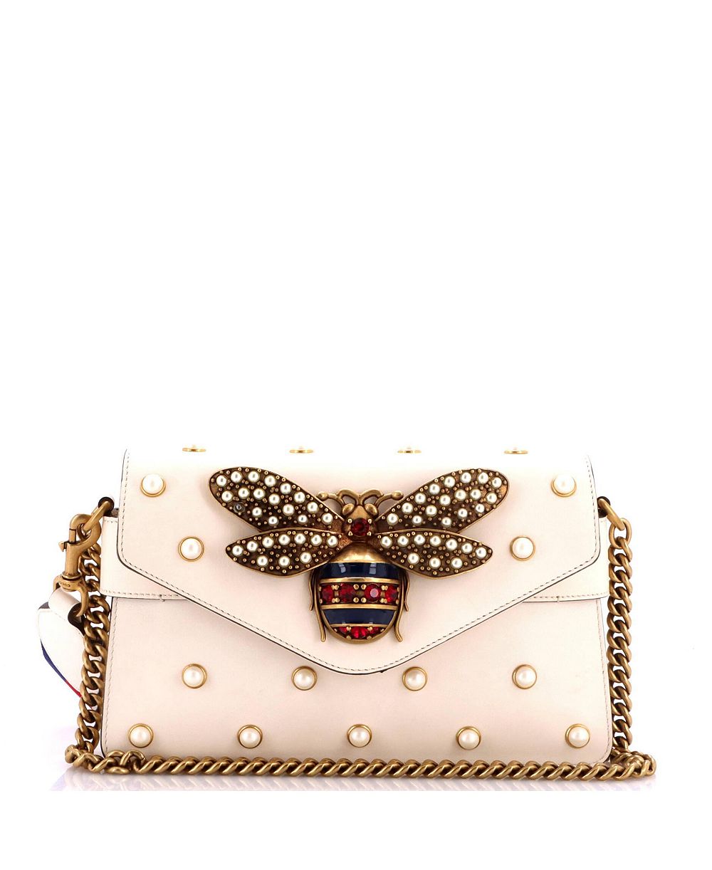 Б/у сумка Pre-Owned Gucci Mini Broadway Pearly Bee Shoulder Bag Embellished Leather