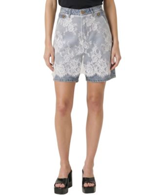 Modenaire Women's High-Waist Lace-Overlay Denim Bermuda Shorts, 11" Inseam