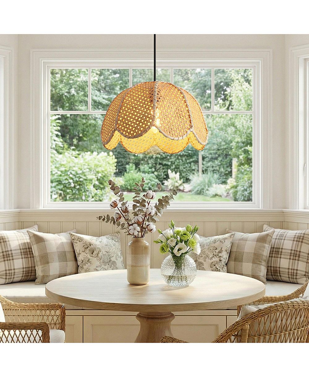 Parrot Uncle 1-Light Farmhouse Flower Shaped Hand-Woven Natural Rattan Ceiling Light Fixture